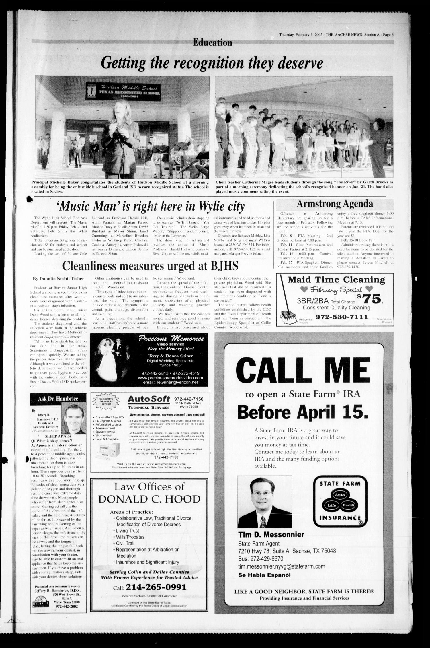 The Sachse News (Sachse, Tex.), Vol. 1, No. 1, Ed. 1 Thursday, February 3, 2005
                                                
                                                    [Sequence #]: 3 of 36
                                                