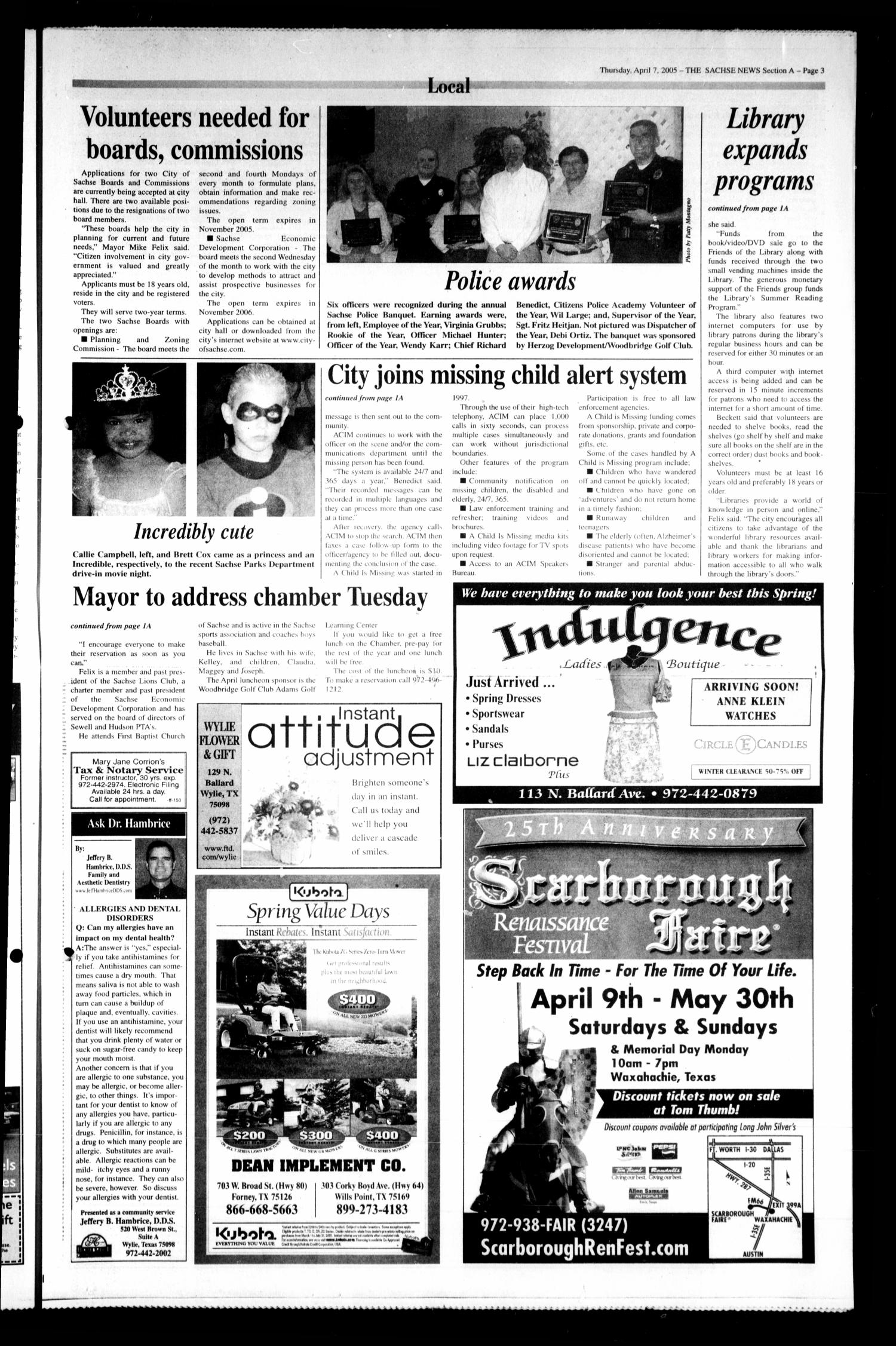 The Sachse News (Sachse, Tex.), Vol. 1, No. 10, Ed. 1 Thursday, April 7, 2005
                                                
                                                    [Sequence #]: 3 of 22
                                                