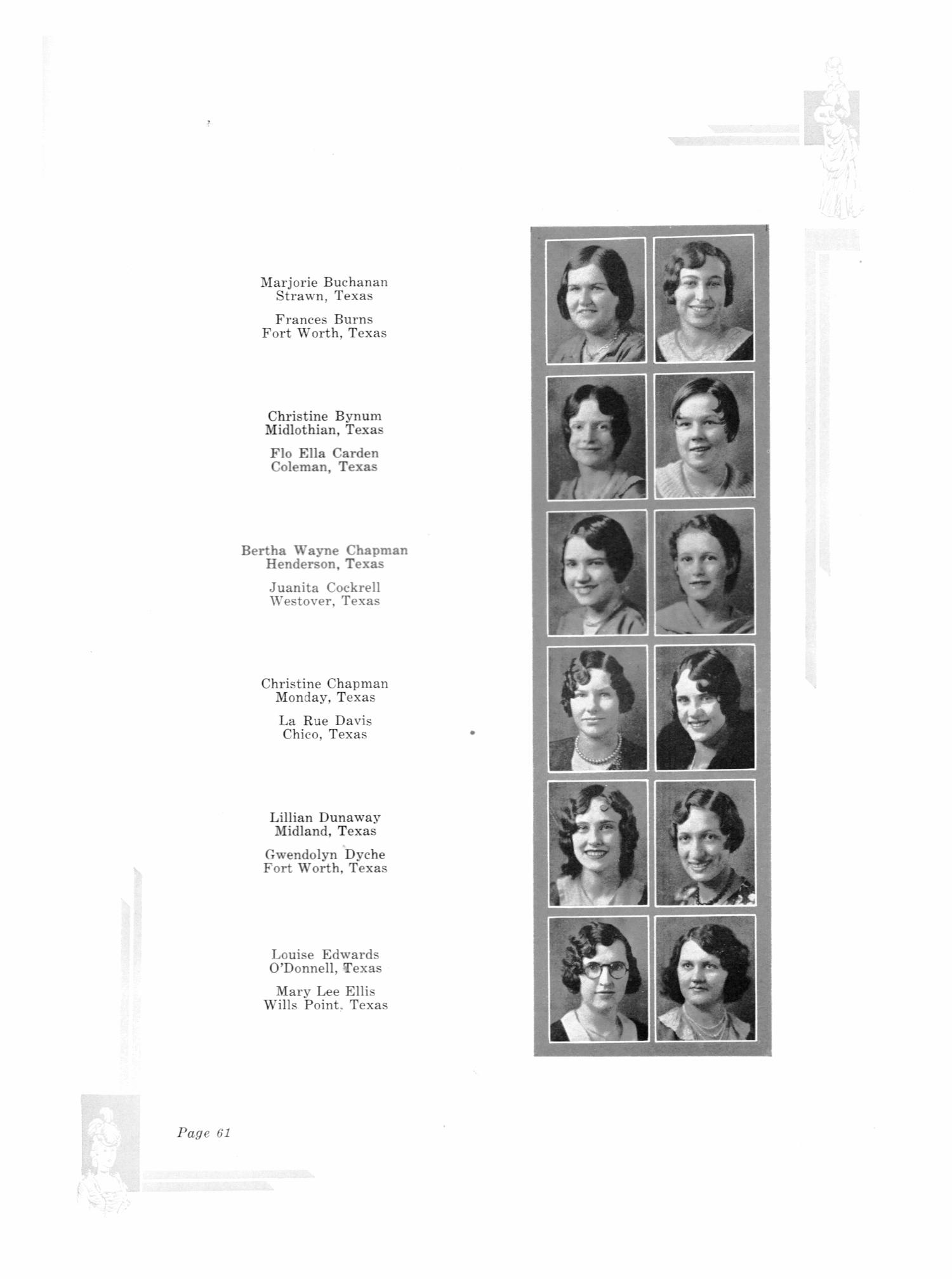 TXWOCO, Yearbook of Texas Woman's College, 1931
                                                
                                                    61
                                                