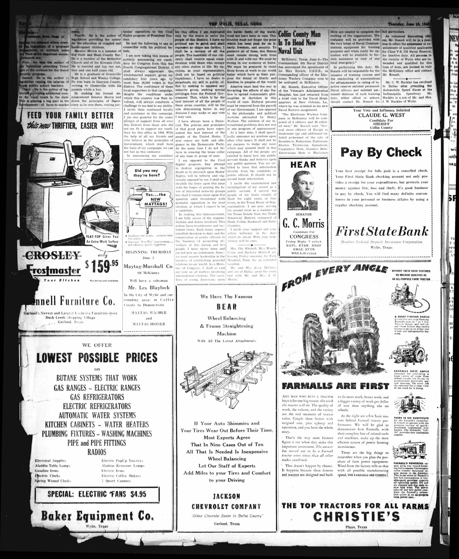 The Wylie News (Wylie, Tex.), Vol. 1, No. 13, Ed. 1 Thursday, June 10, 1948
                                                
                                                    [Sequence #]: 4 of 6
                                                