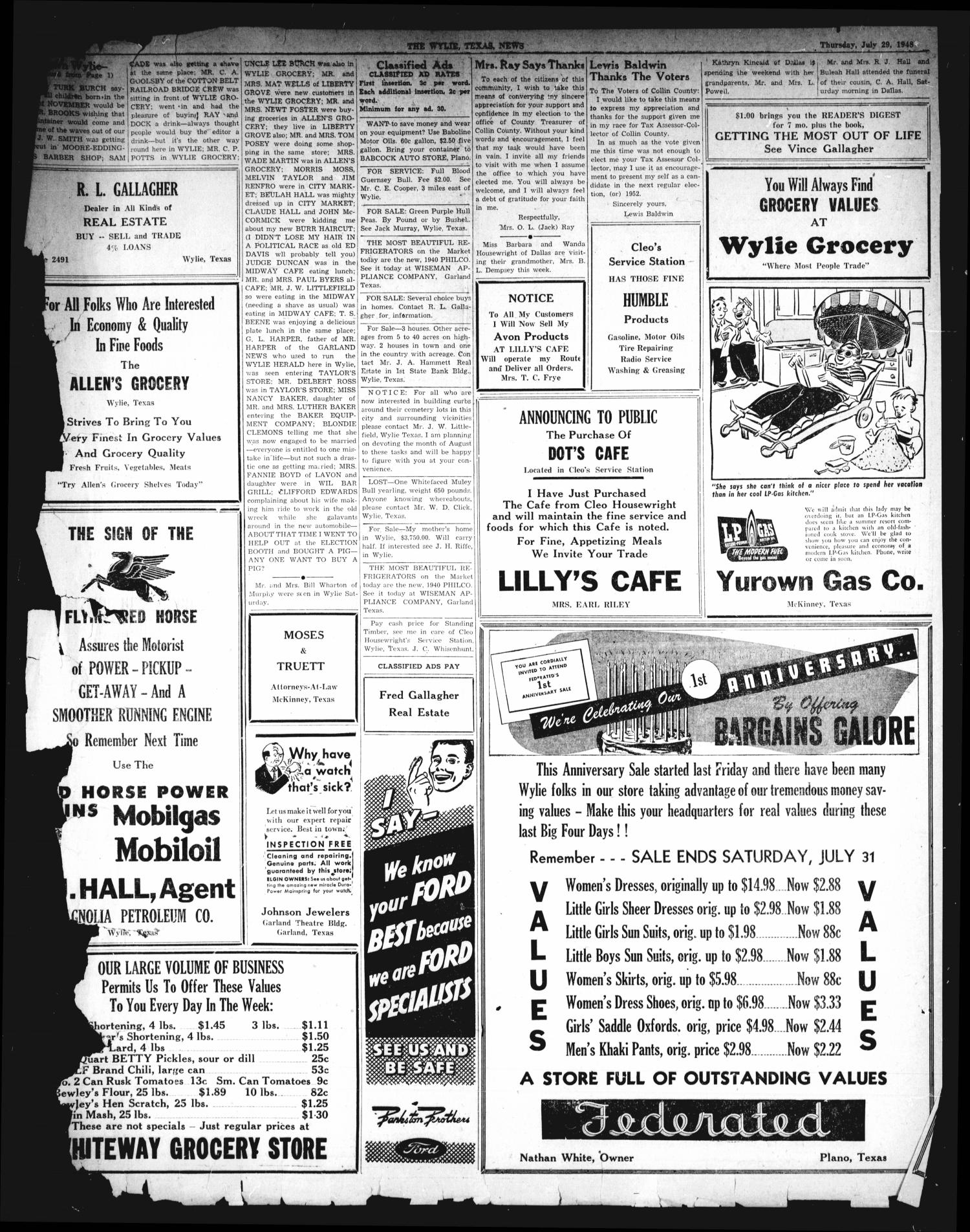 The Wylie News (Wylie, Tex.), Vol. 1, No. 20, Ed. 1 Thursday, July 29, 1948
                                                
                                                    [Sequence #]: 4 of 4
                                                