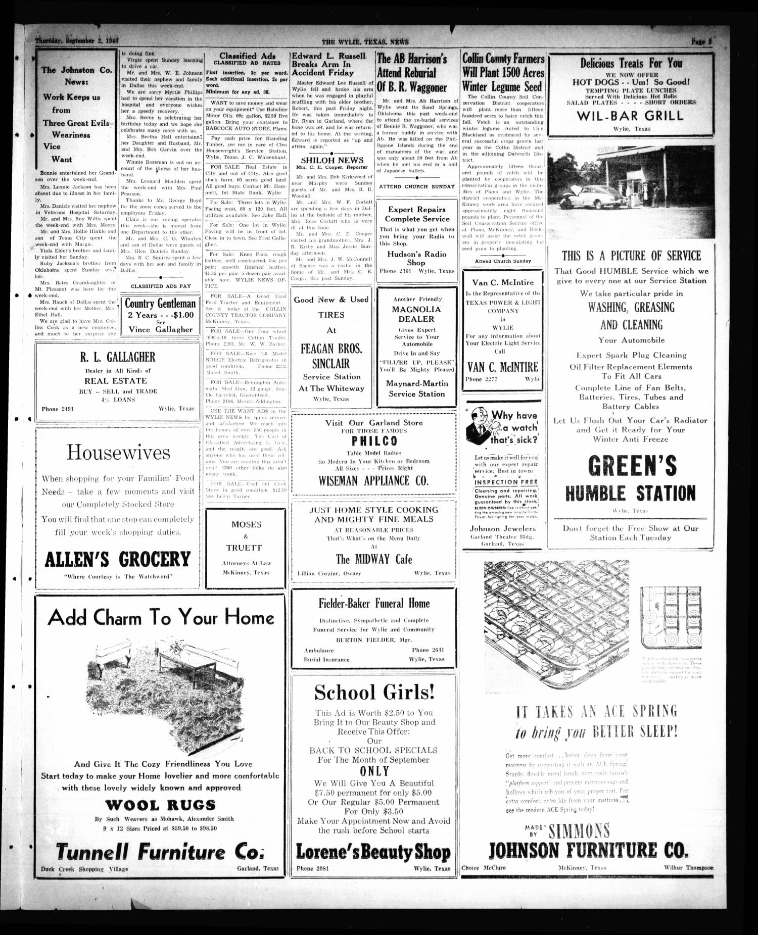 The Wylie News (Wylie, Tex.), Vol. 1, No. 25, Ed. 1 Thursday, September 2, 1948
                                                
                                                    [Sequence #]: 3 of 4
                                                