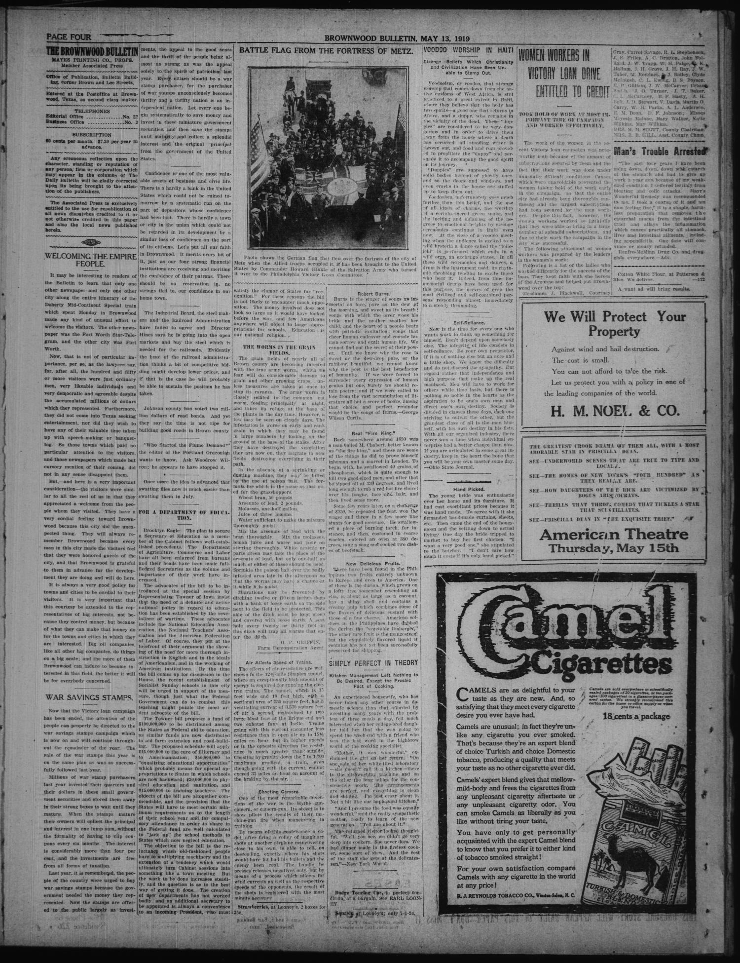 Brownwood Bulletin (Brownwood, Tex.), No. 173, Ed. 1 Tuesday, May 13, 1919
                                                
                                                    [Sequence #]: 4 of 6
                                                