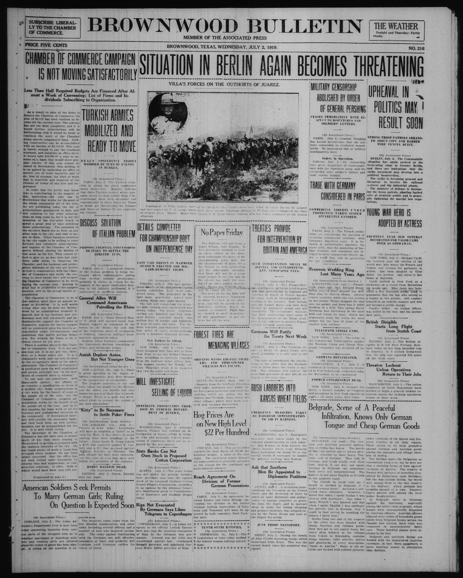 Brownwood Bulletin (Brownwood, Tex.), No. 216, Ed. 1 Wednesday, July 2, 1919
                                                
                                                    [Sequence #]: 1 of 6
                                                