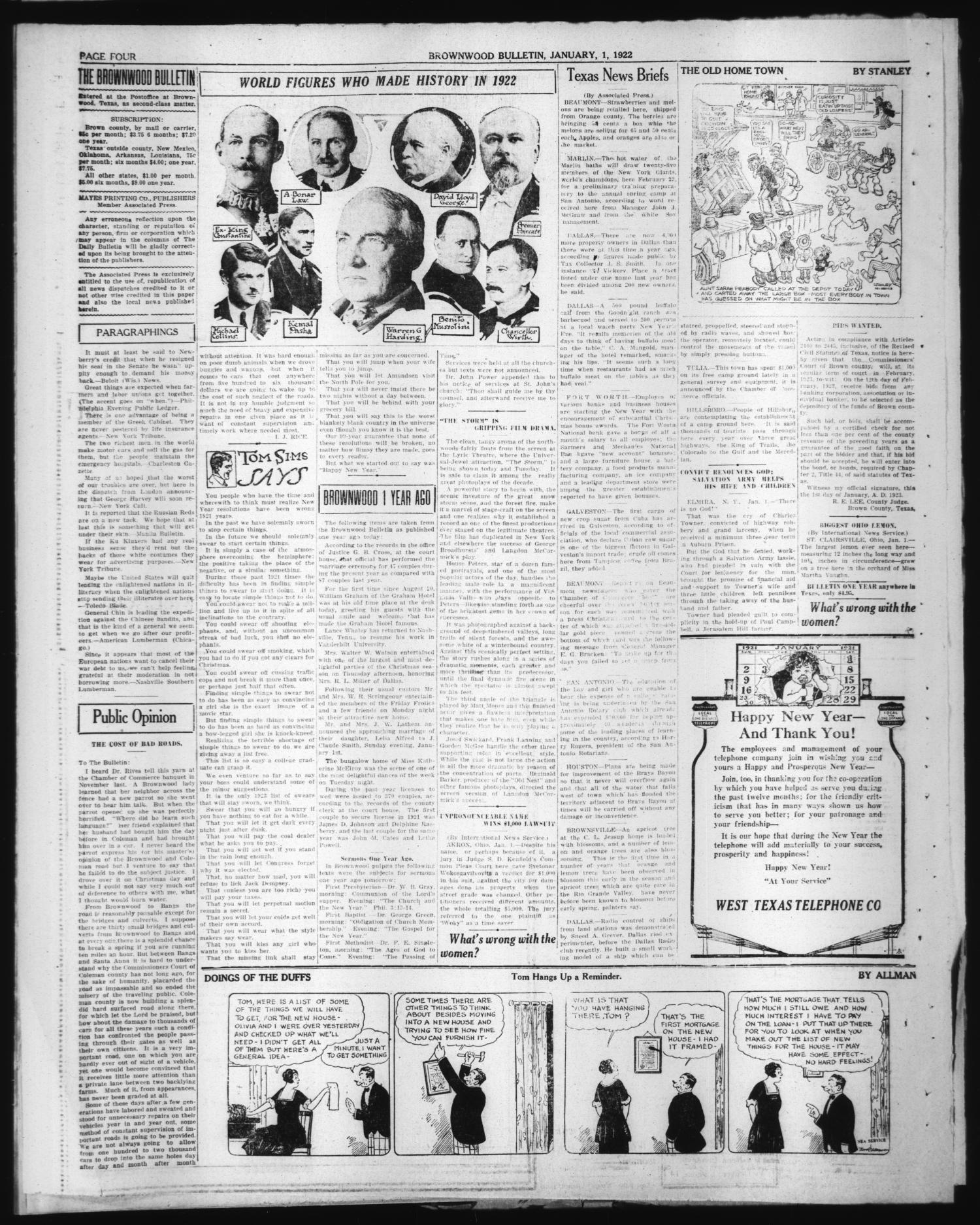 Brownwood Bulletin (Brownwood, Tex.), Vol. 23, No. 64, Ed. 1 Monday, January 1, 1923
                                                
                                                    [Sequence #]: 4 of 6
                                                