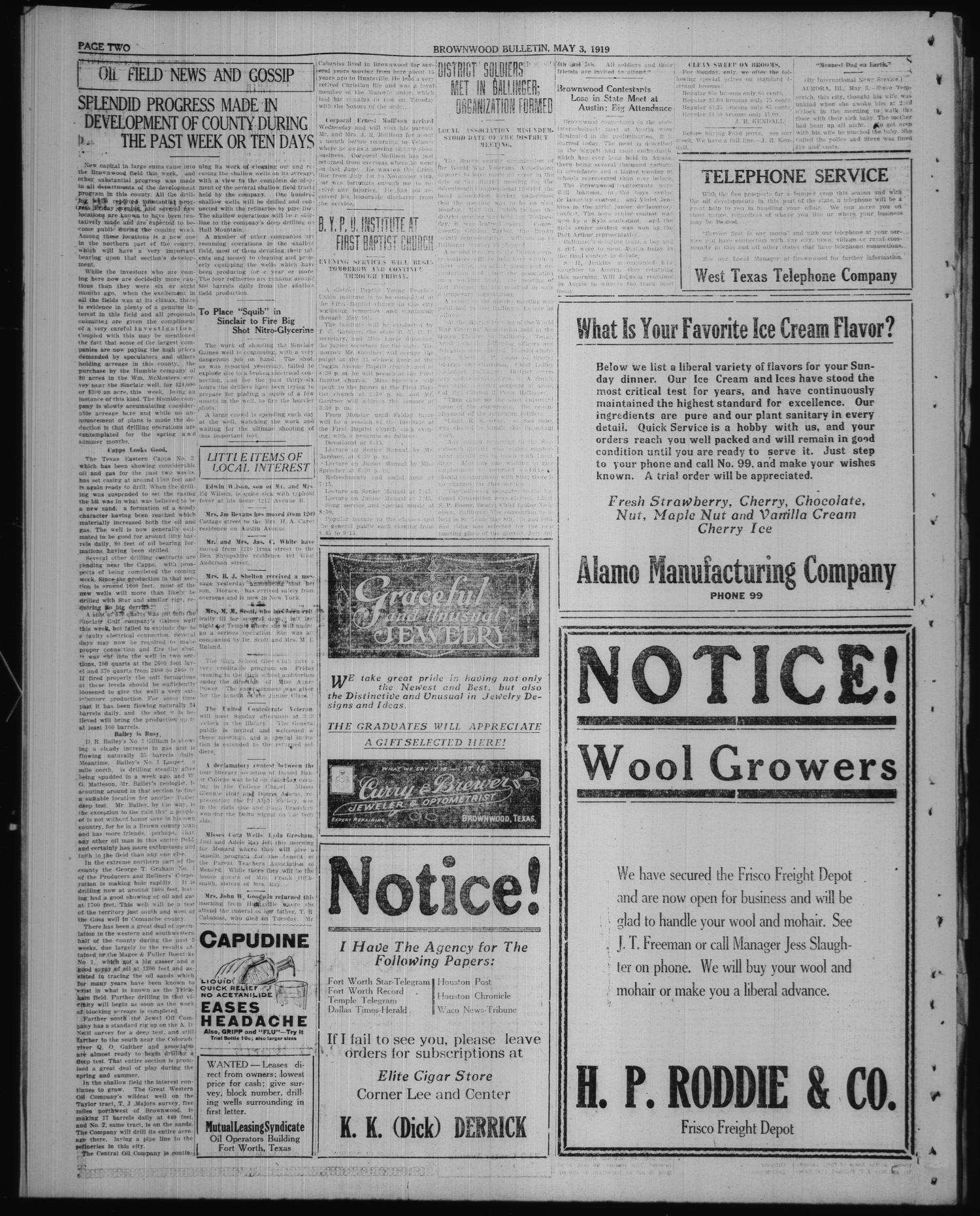 Brownwood Bulletin (Brownwood, Tex.), No. 165, Ed. 1 Saturday, May 3, 1919
                                                
                                                    [Sequence #]: 2 of 6
                                                