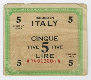 Primary view of object titled '[5 Italian Lire]'.