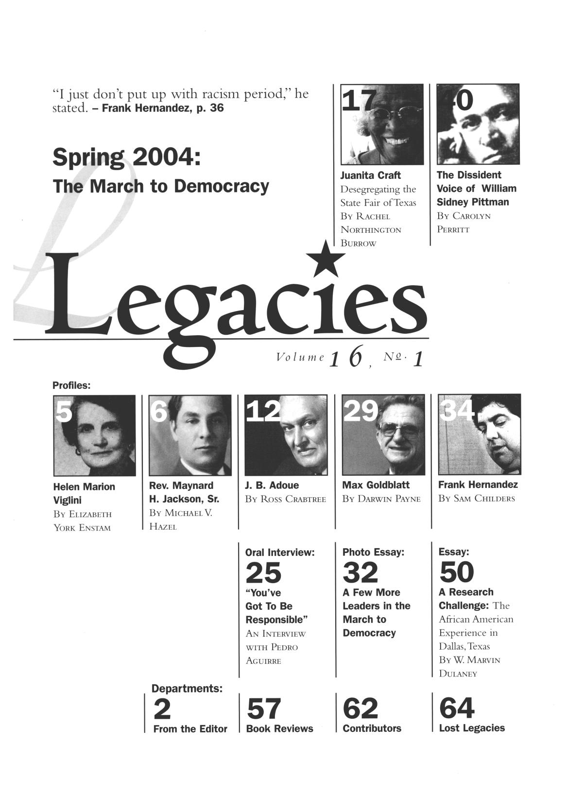 Legacies: A History Journal for Dallas and North Central Texas, Volume 16, Number 1, Spring, 2004
                                                
                                                    1
                                                