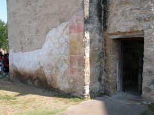 Primary view of object titled 'Detail of decorative painting on stucco at Mission San José'.