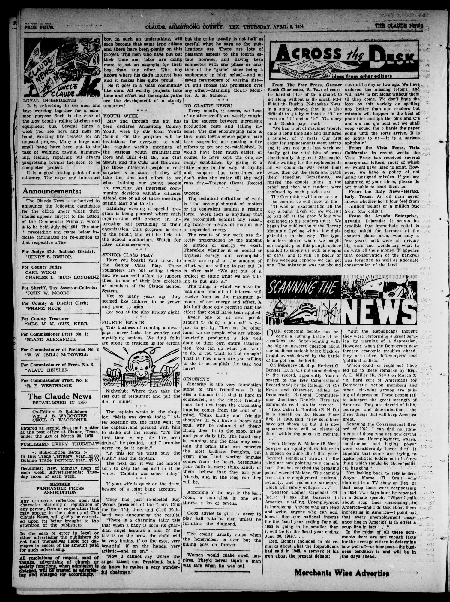 Claude News (Claude, Tex.), Vol. 64, No. 32, Ed. 1 Thursday, April 8, 1954
                                                
                                                    [Sequence #]: 4 of 16
                                                