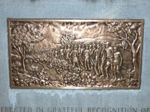 Primary view of object titled 'Alamo memorial for the thirty-two men from Gonzales, detail of bronze'.