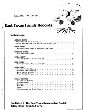 Primary view of East Texas Family Records, Volume 20, Number 3, Fall 1996