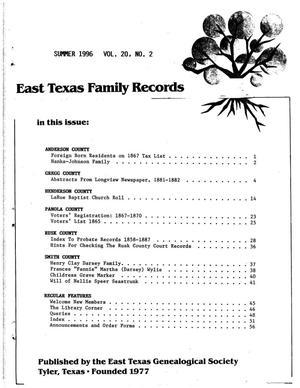 Primary view of East Texas Family Records, Volume 20, Number 2, Summer 1996