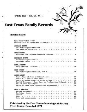 Primary view of East Texas Family Records, Volume 20, Number 1, Spring 1996