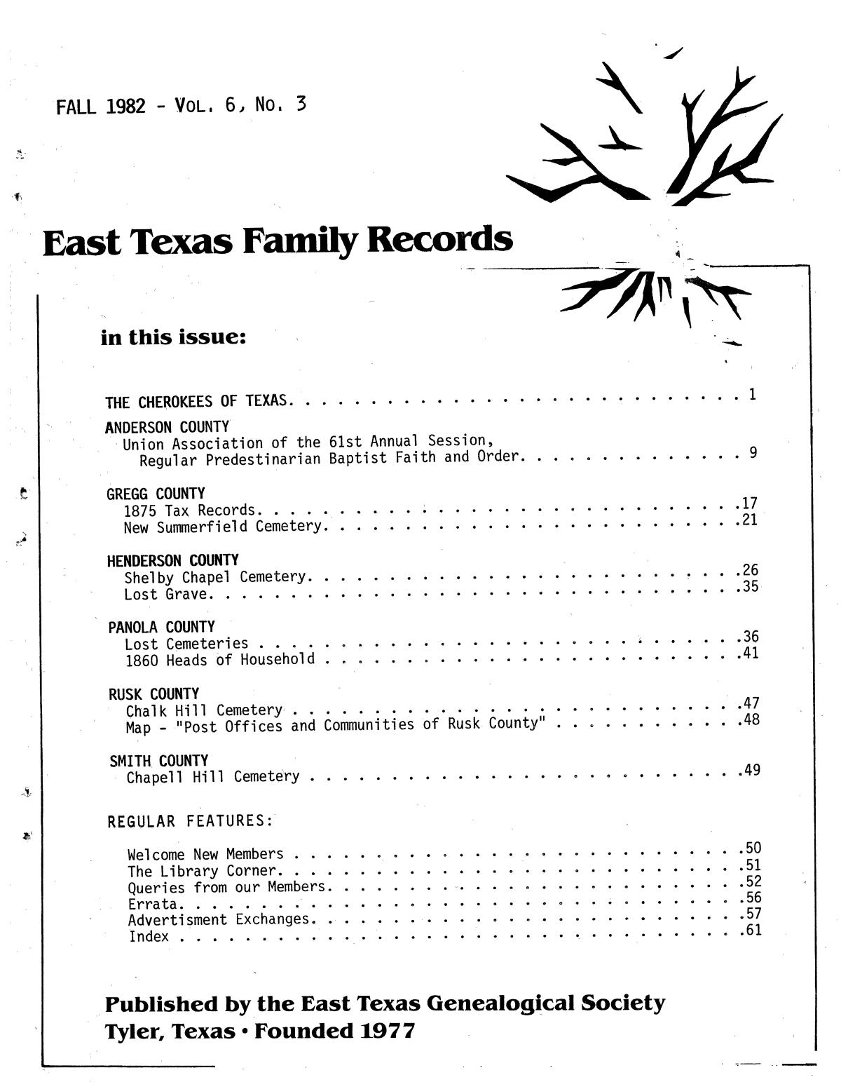 East Texas Family Records, Volume 6, Number 3, Fall 1982
                                                
                                                    Front Cover
                                                