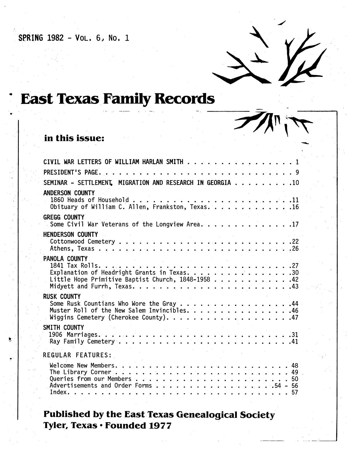 East Texas Family Records, Volume 6, Number 1, Spring 1982
                                                
                                                    Front Cover
                                                