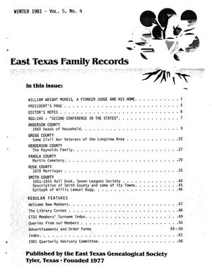 Primary view of object titled 'East Texas Family Records, Volume 5, Number 4, Winter 1981'.