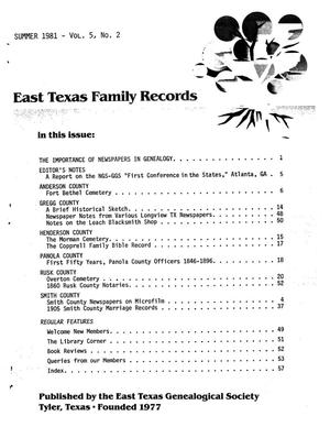 Primary view of object titled 'East Texas Family Records, Volume 5, Number 2, Summer 1981'.