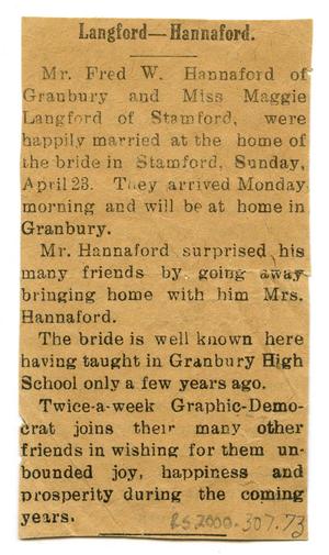 Primary view of object titled '[Langford-Hannaford Wedding Announcement]'.