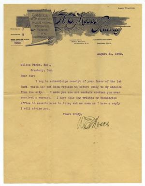 Primary view of object titled '[Letter to Mr. Milton Parks, 31 August 1903]'.