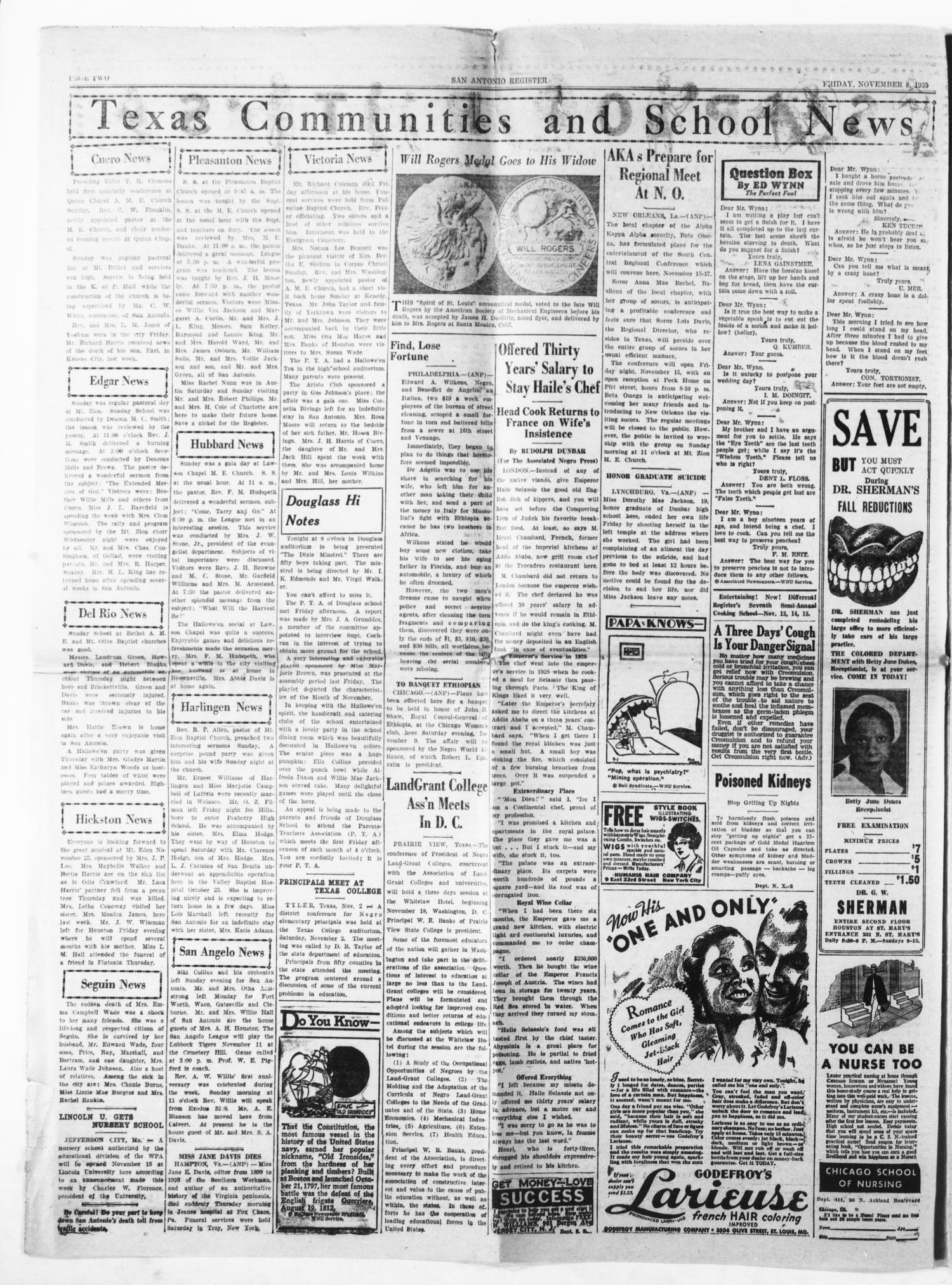 San Antonio Register (San Antonio, Tex.), Vol. 5, No. 27, Ed. 1 Friday, November 8, 1935
                                                
                                                    [Sequence #]: 2 of 10
                                                