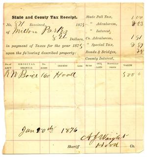 Primary view of object titled '[State and County Tax Receipt for Milton Parks]'.