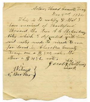 Primary view of object titled '[Documentation of business between J. Matthews, H. Howard, and A.C. McCartney, December 3 1874]'.