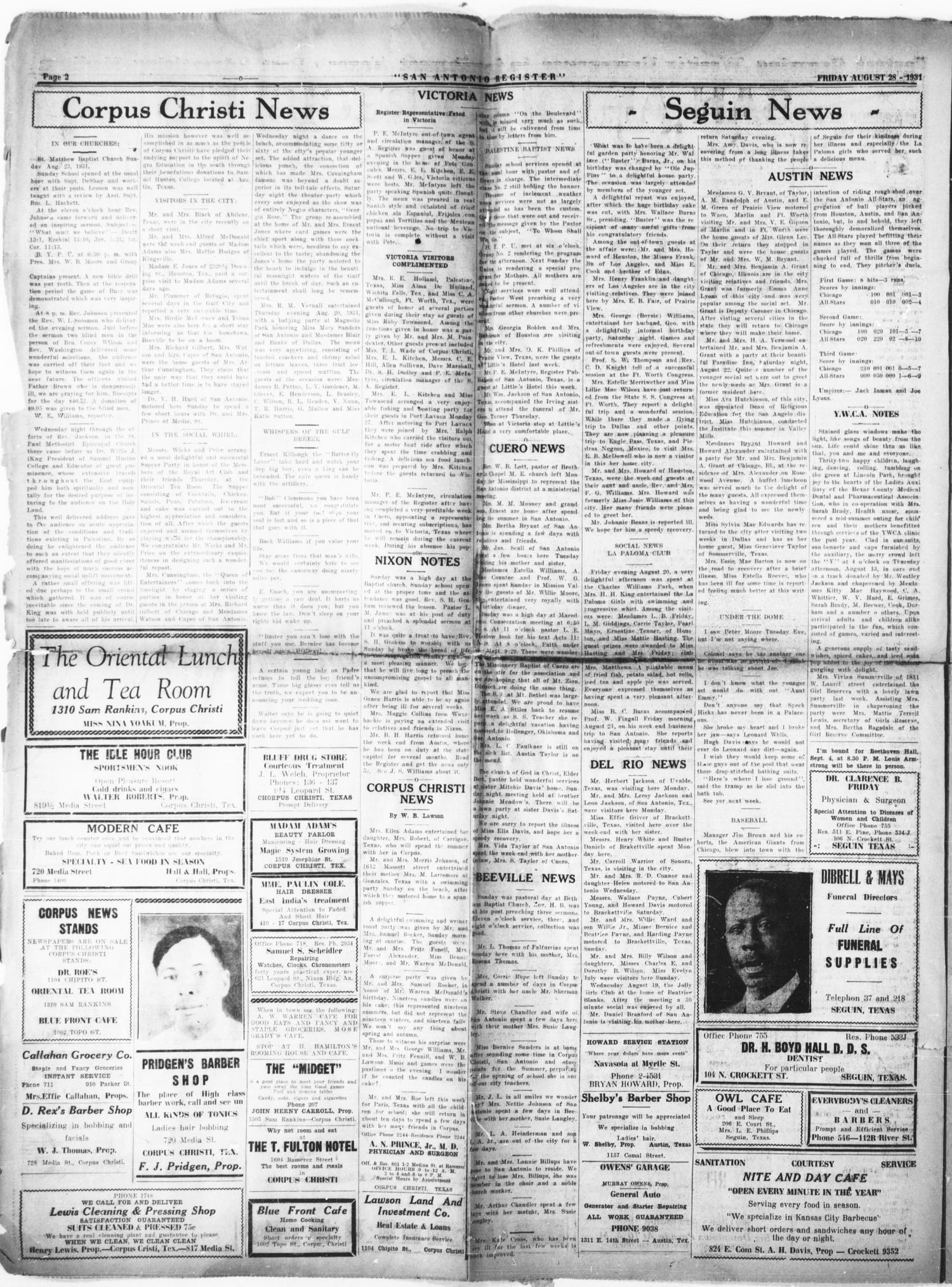 San Antonio Register (San Antonio, Tex.), Vol. 1, No. 21, Ed. 1 Friday, August 28, 1931
                                                
                                                    [Sequence #]: 2 of 8
                                                