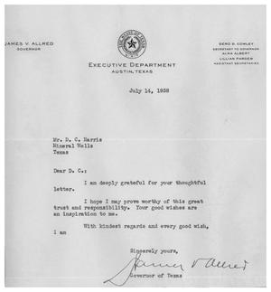 Primary view of object titled '[A Letter from Texas Governor to D.C. Harris]'.