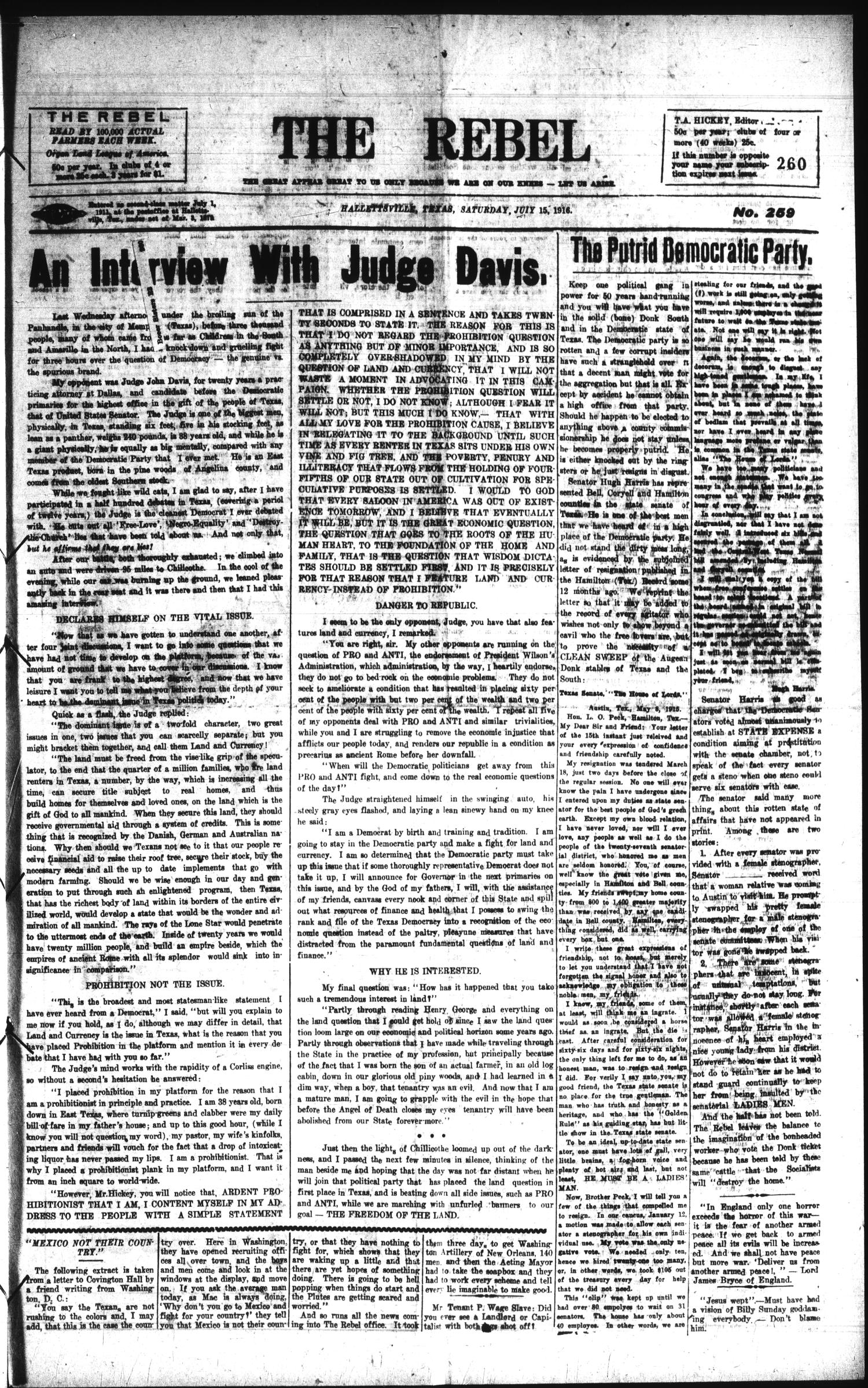 The Rebel (Hallettsville, Tex.), Vol. [6], No. 259, Ed. 1 Saturday, July 15, 1916
                                                
                                                    [Sequence #]: 1 of 4
                                                