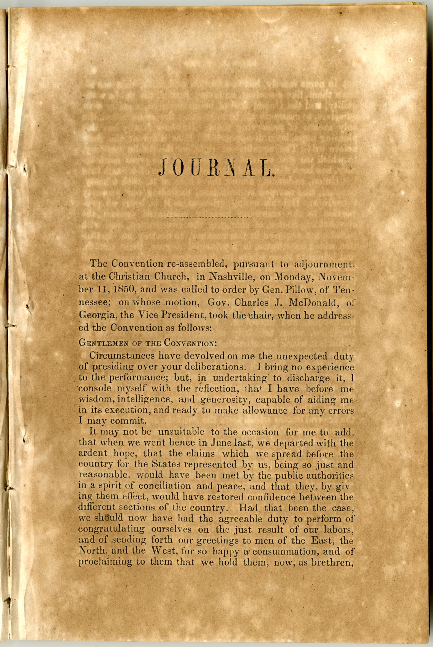Journal of proceedings of the Southern Convention, at its adjourned session : held at Nashville, Tenn., Nov. 11, 1850, and subsequent days.
                                                
                                                    [Sequence #]: 3 of 36
                                                