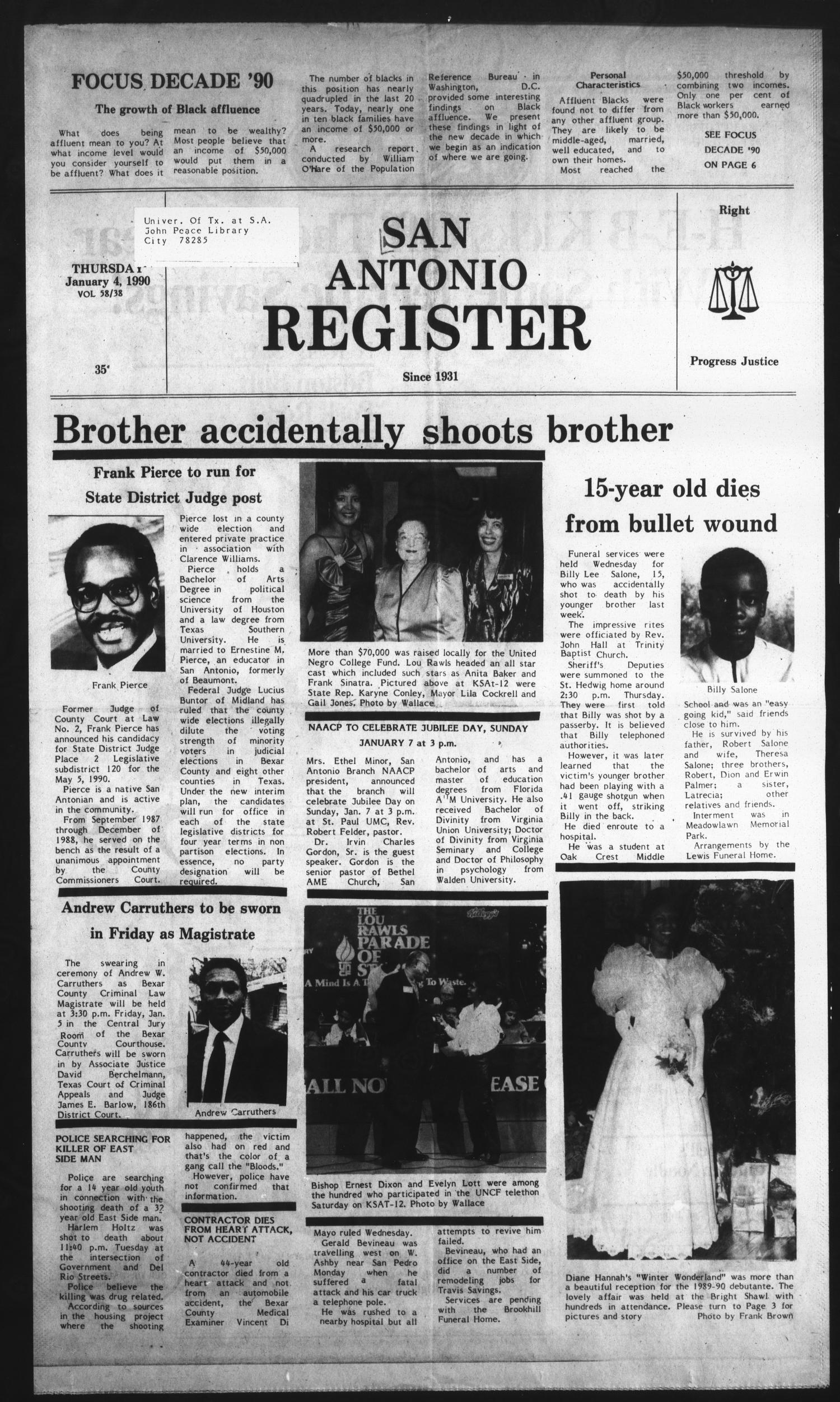 San Antonio Register (San Antonio, Tex.), Vol. 58, No. 38, Ed. 1 Thursday, January 4, 1990
                                                
                                                    [Sequence #]: 1 of 8
                                                