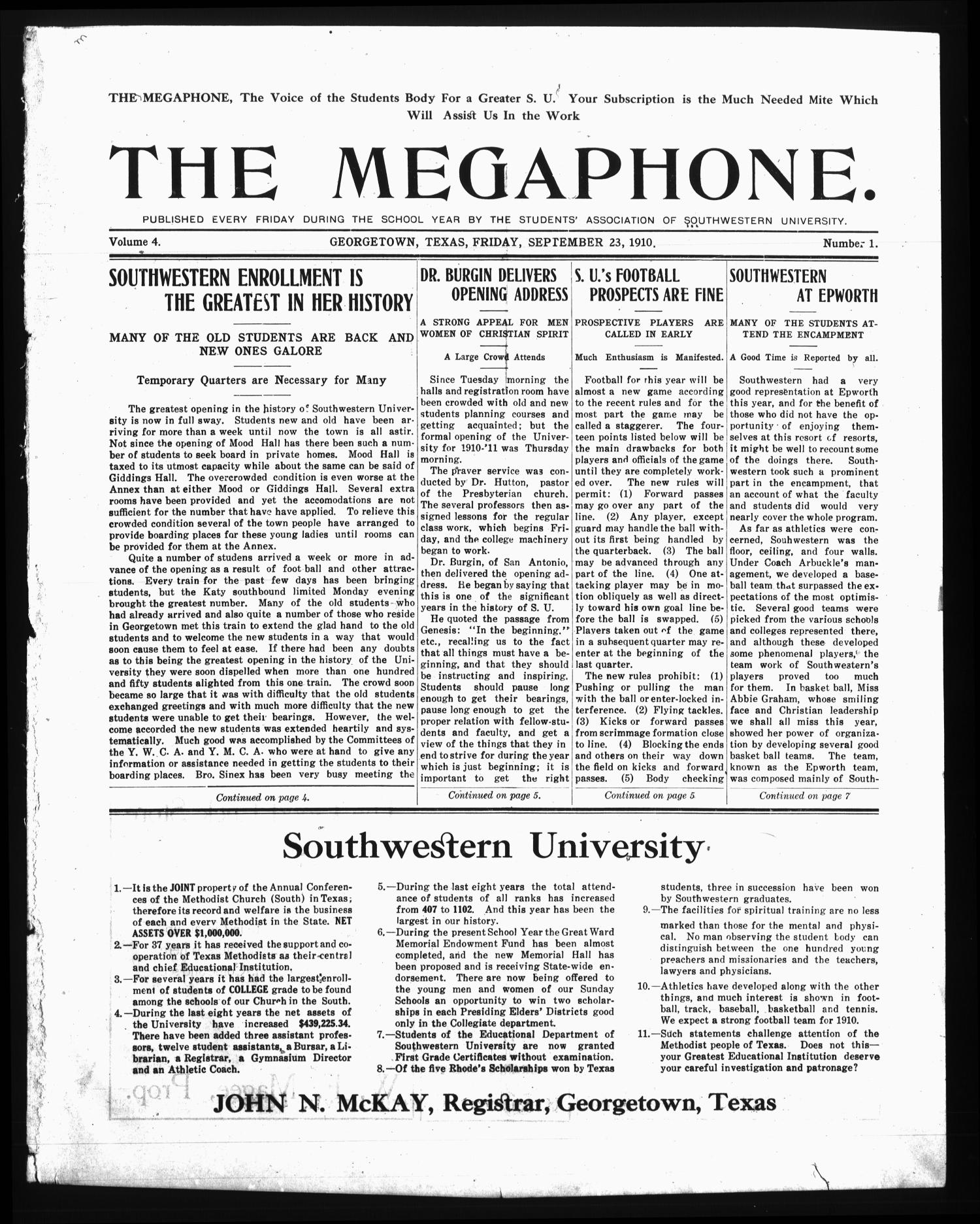 The Megaphone (Georgetown, Tex.), Vol. 4, No. 1, Ed. 1 Friday, September 23, 1910
                                                
                                                    [Sequence #]: 1 of 8
                                                
