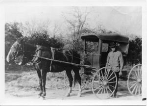 Primary view of object titled '[Mr. Prewitt with horse drawn mail buggy]'.