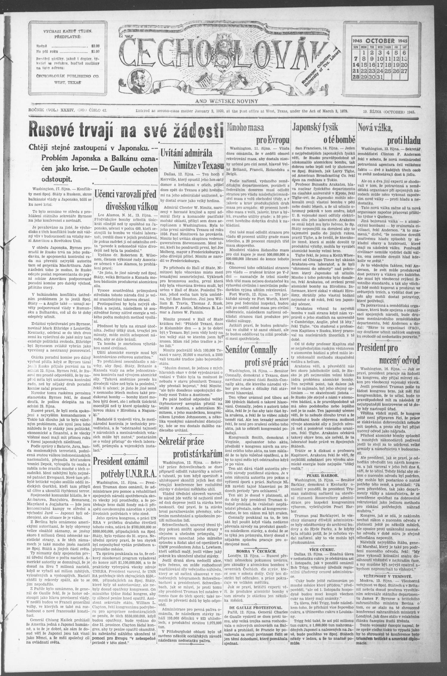 Čechoslovák and Westske Noviny (West, Tex.), Vol. 34, No. 42, Ed. 1 Friday, October 19, 1945
                                                
                                                    [Sequence #]: 1 of 8
                                                