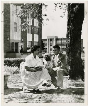 Primary view of object titled '[Photograph of Frances Kesner and Dale Coody on HSU Campus]'.