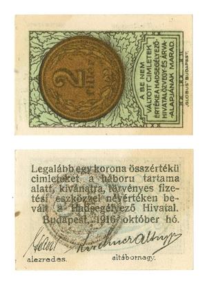 Primary view of object titled '[Voucher from Budapest, Hungary in the denomination of 2 filler]'.