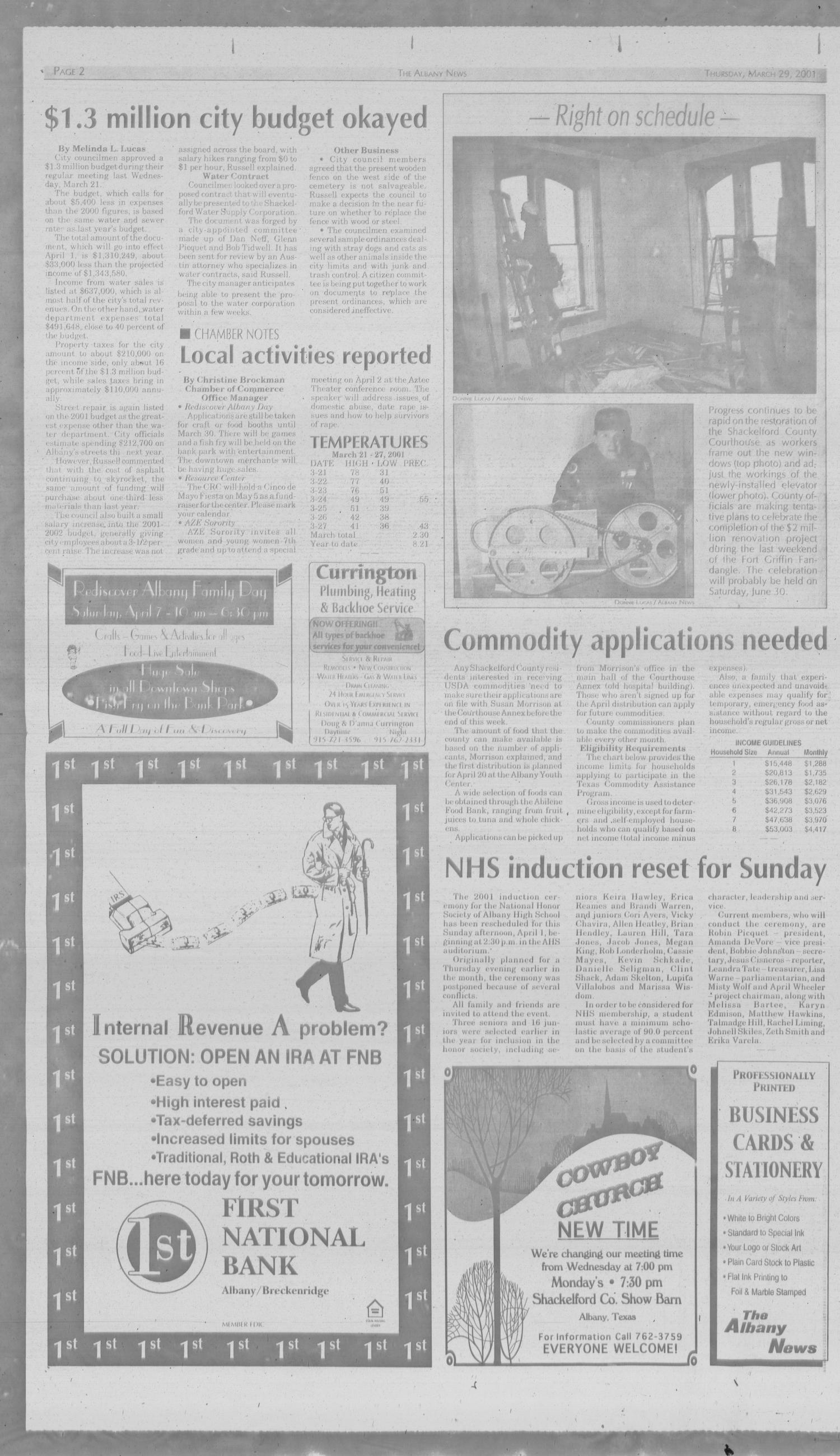 The Albany News (Albany, Tex.), Vol. 125, No. 44, Ed. 1 Thursday, March 29, 2001
                                                
                                                    [Sequence #]: 2 of 12
                                                