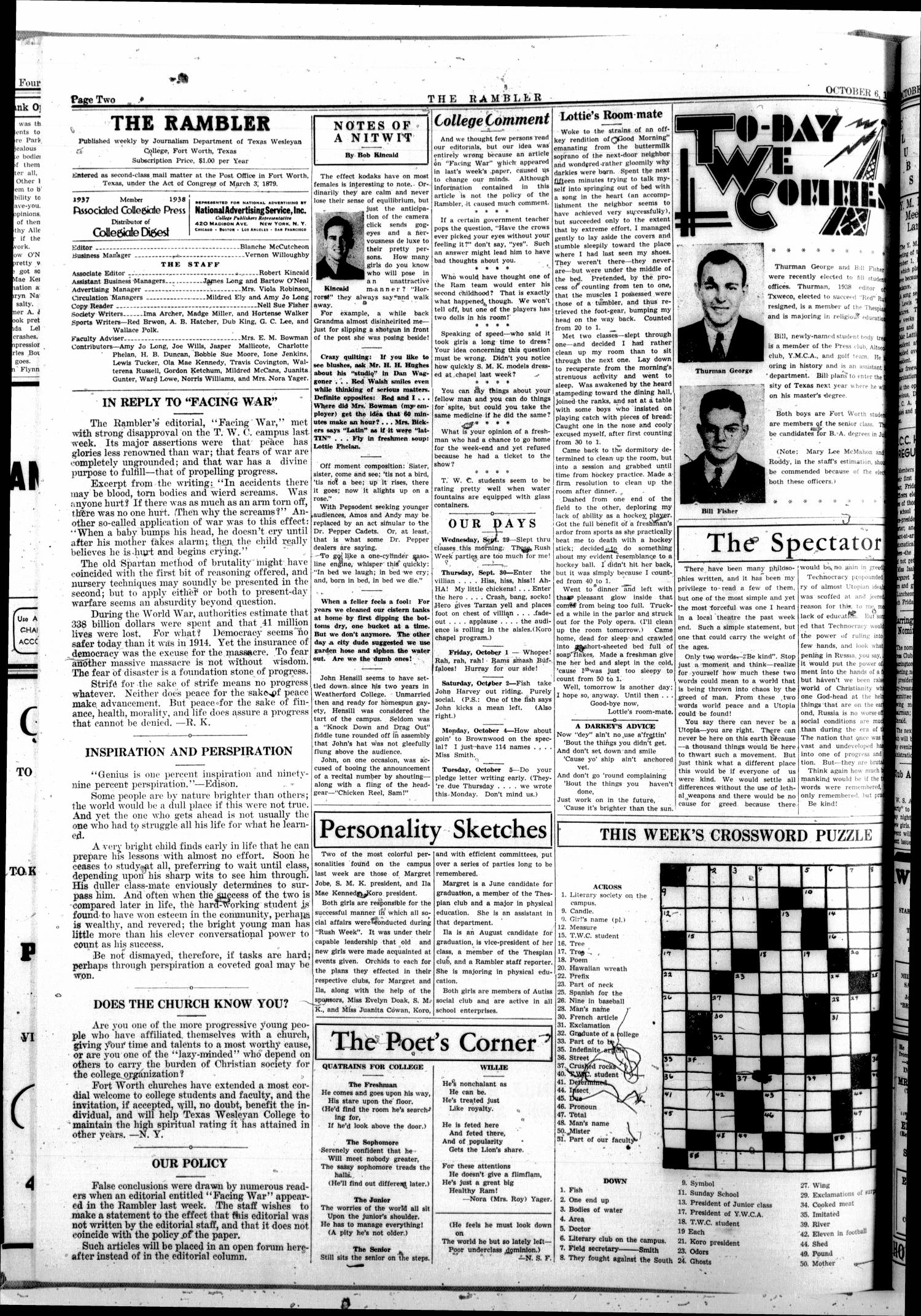 Rambler (Fort Worth, Tex.), Vol. 12, No. 4, Ed. 1 Wednesday, October 6, 1937
                                                
                                                    [Sequence #]: 2 of 4
                                                