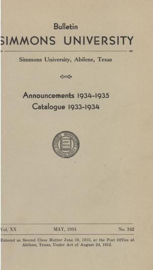 Primary view of object titled 'Catalogue of Simmons University, 1933-1934'.