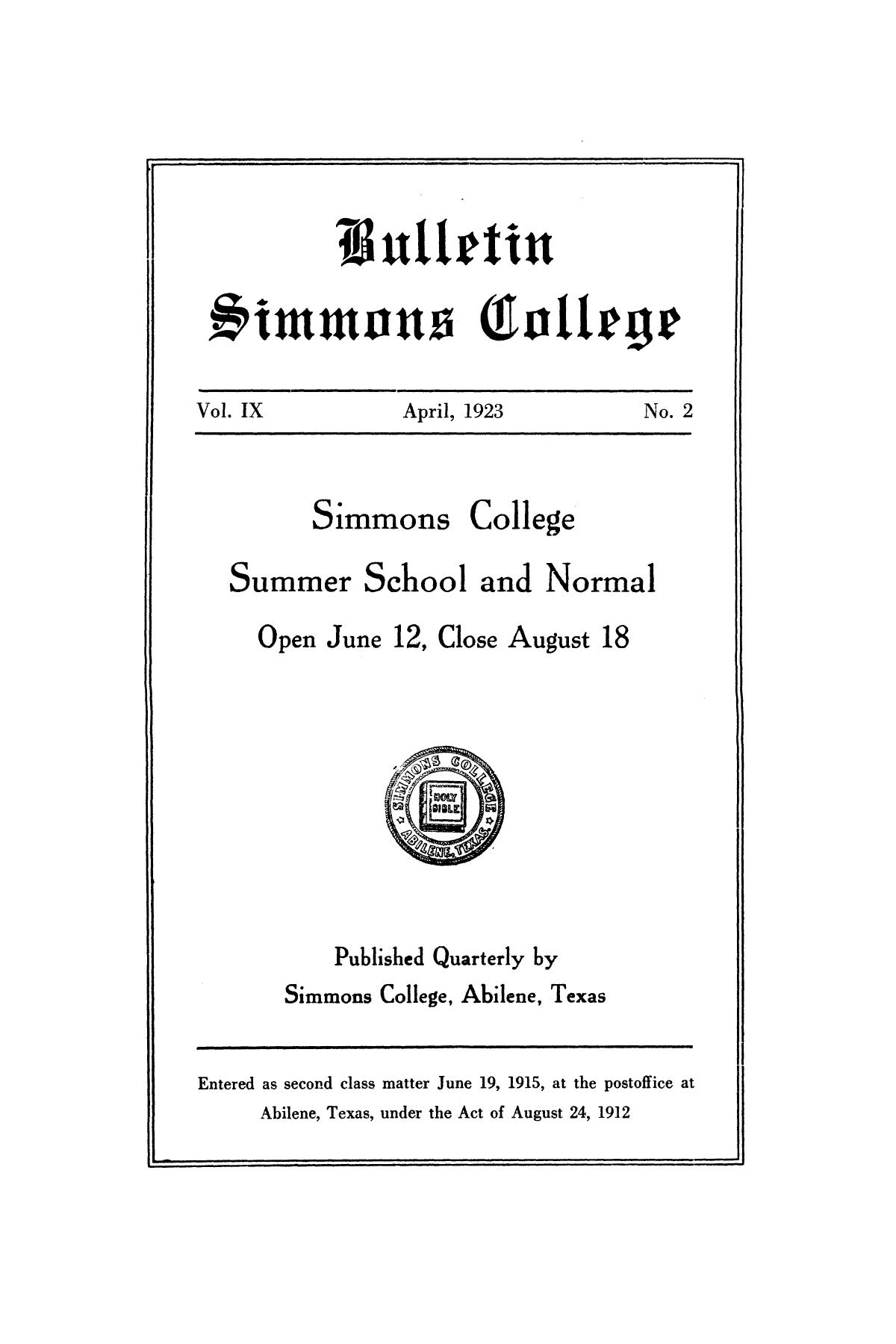 Catalogue of Simmons College, 1923 Summer School and Normal
                                                
                                                    Title Page
                                                