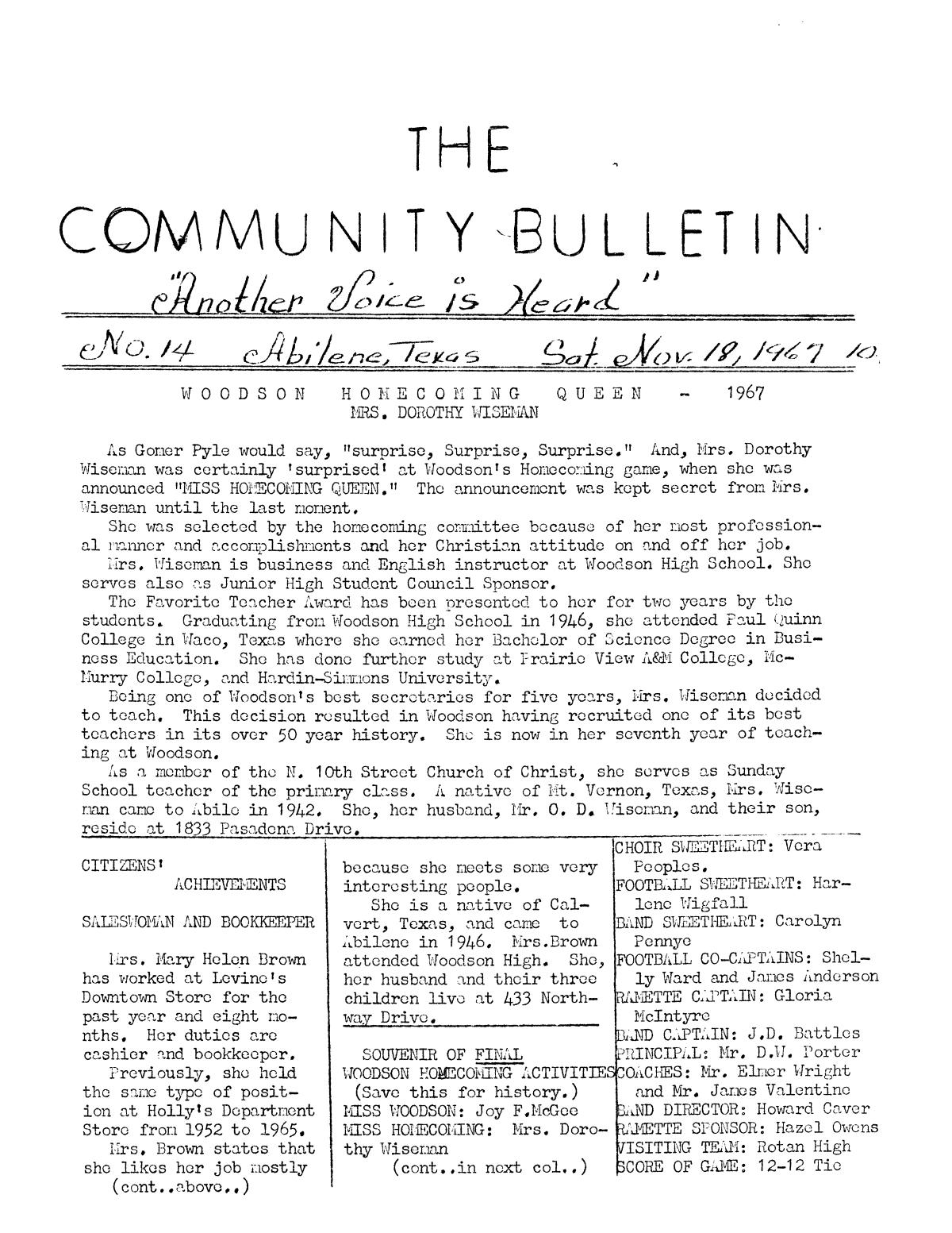 The Community Bulletin (Abilene, Texas), No. 14, Saturday, November 18, 1967
                                                
                                                    1
                                                