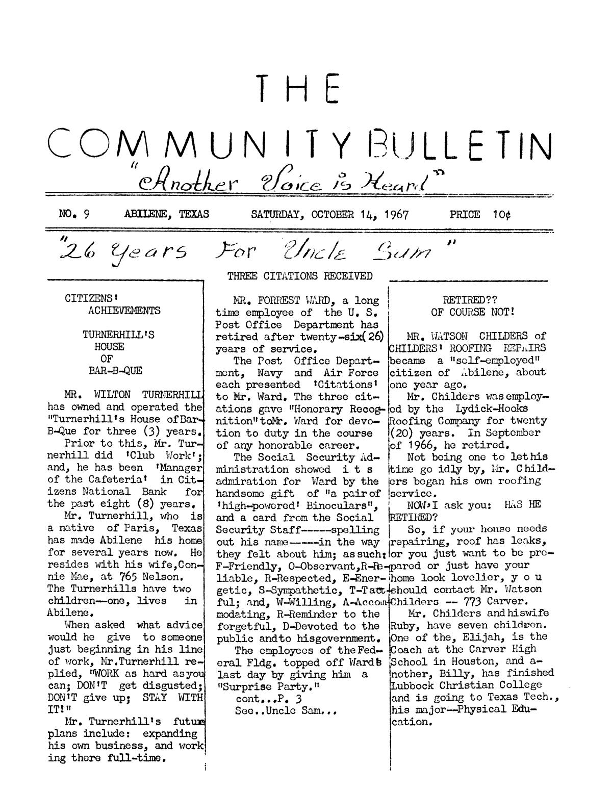 The Community Bulletin (Abilene, Texas), No. 9, Saturday, October 14, 1967
                                                
                                                    1
                                                
