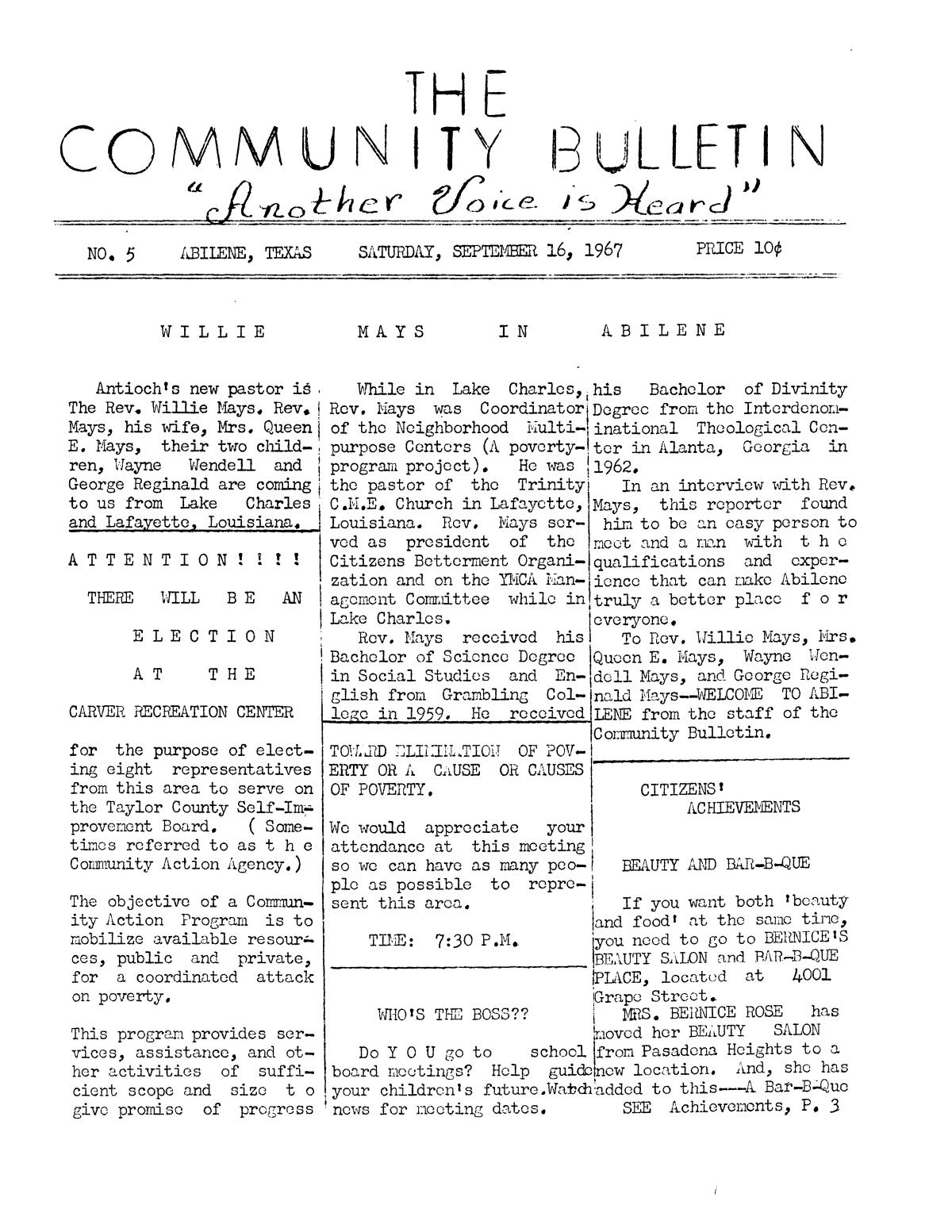 The Community Bulletin (Abilene, Texas), No. 5, Saturday, September 16, 1967
                                                
                                                    1
                                                