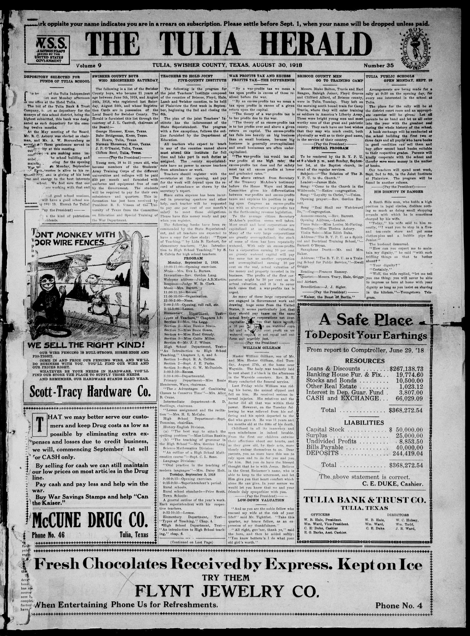 The Tulia Herald (Tulia, Tex), Vol. 9, No. 35, Ed. 1, Friday, August 30, 1918
                                                
                                                    1
                                                