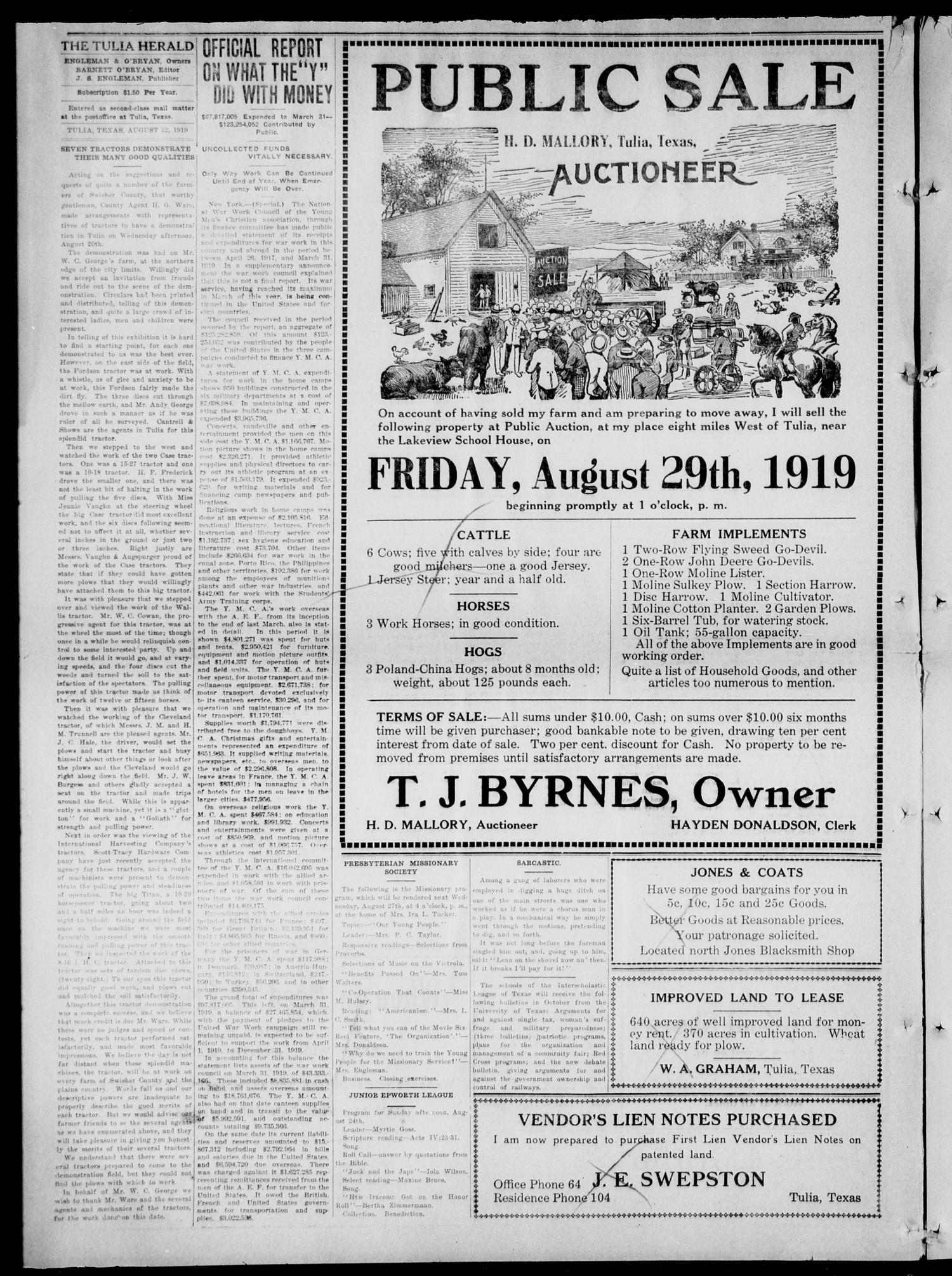 The Tulia Herald (Tulia, Tex), Vol. 10, No. 34, Ed. 1, Friday, August 22, 1919
                                                
                                                    12
                                                