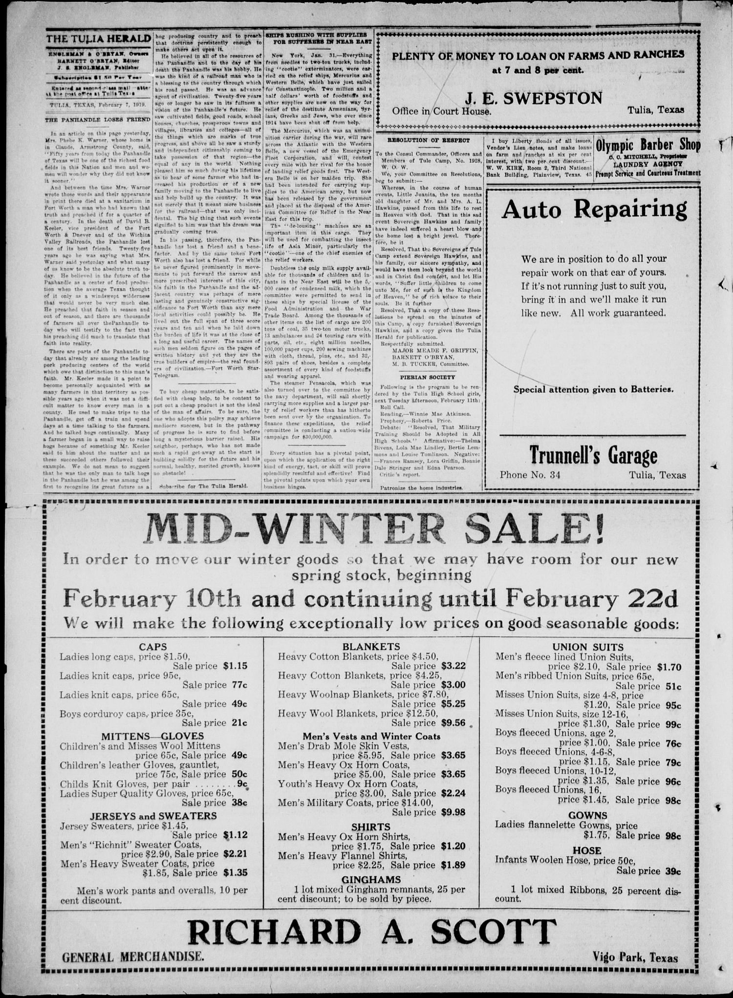 The Tulia Herald (Tulia, Tex), Vol. 10, No. 6, Ed. 1, Friday, February 7, 1919
                                                
                                                    12
                                                