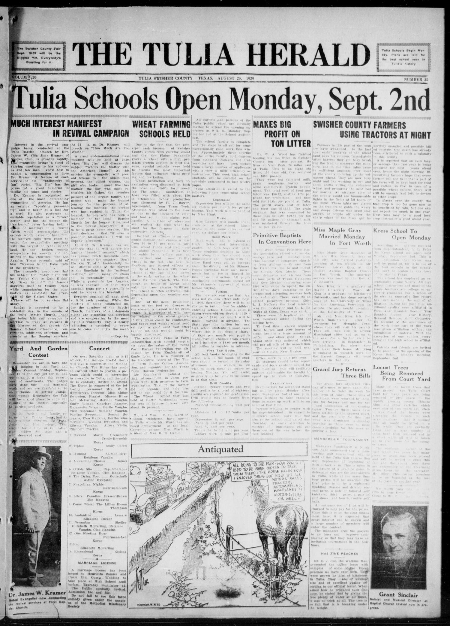 The Tulia Herald (Tulia, Tex), Vol. 20, No. 35, Ed. 1, Thursday, August 29, 1929
                                                
                                                    1
                                                