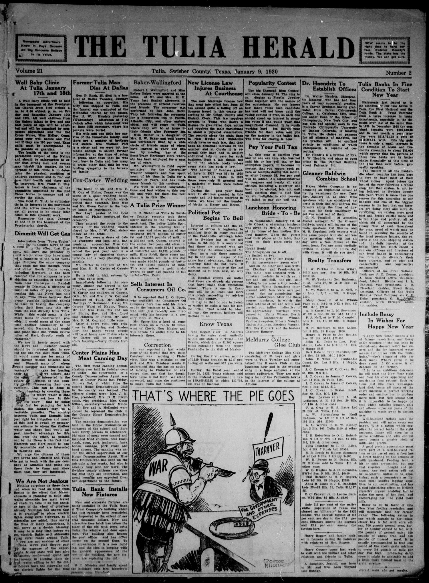 The Tulia Herald (Tulia, Tex), Vol. 21, No. 2, Ed. 1, Thursday, January 9, 1930
                                                
                                                    1
                                                