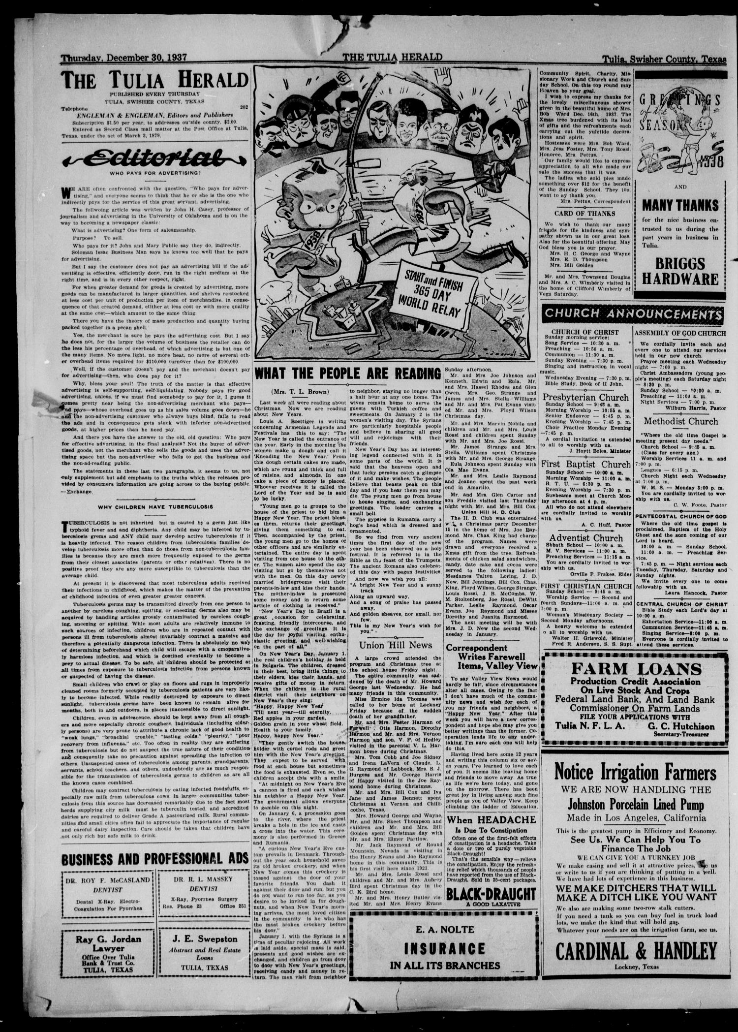 The Tulia Herald (Tulia, Tex), Vol. 28, No. 52, Ed. 1, Thursday, December 30, 1937
                                                
                                                    30
                                                